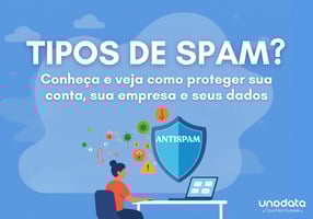 A imagem é uma ilustração com um fundo azul claro e uma nuvem branca. No topo, o texto em branco diz "TIPOS DE SPAM?" com a frase "Conheça e veja como proteger sua conta, sua empresa e seus dados" logo abaixo.