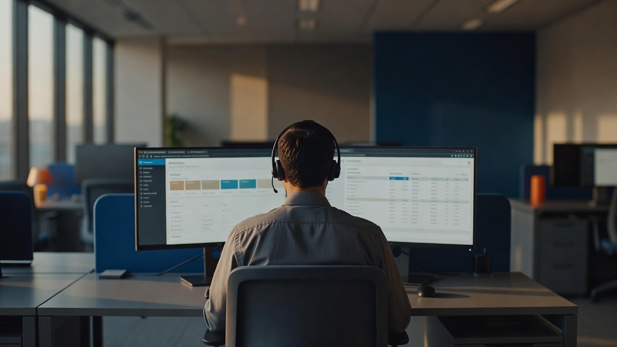 Fotografia editorial de uma especialista de customer success vista de costas, com headset, diante de dois monitores com painel de CRM, em um escritório moderno com luz natural da manhã.