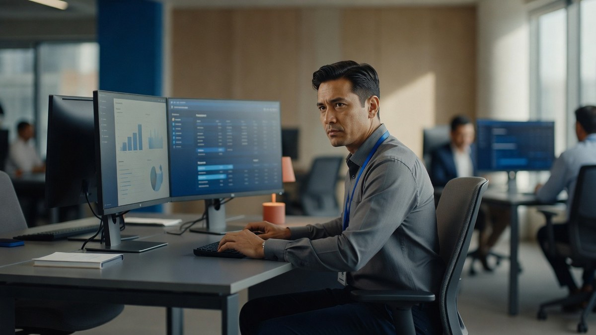 Fotografia editorial de um profissional de customer success em ângulo de três quartos, trabalhando em uma estação com dois monitores exibindo dashboards e uma fila de atendimento, escritório B2B com luz natural.