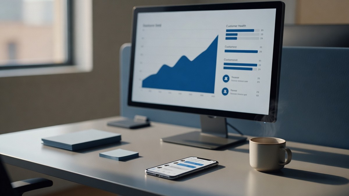 Fotografia editorial de uma mesa de customer success com um monitor exibindo um painel de métricas de saúde do cliente e um gráfico em alta, um celular com uma conversa de suporte, xícara de café e post-its, luz natural suave.