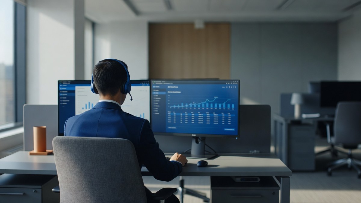 Fotografia editorial de uma especialista de customer success vista de costas, com headset, diante de dois monitores com painel de CRM, em um escritório moderno com luz natural da manhã.