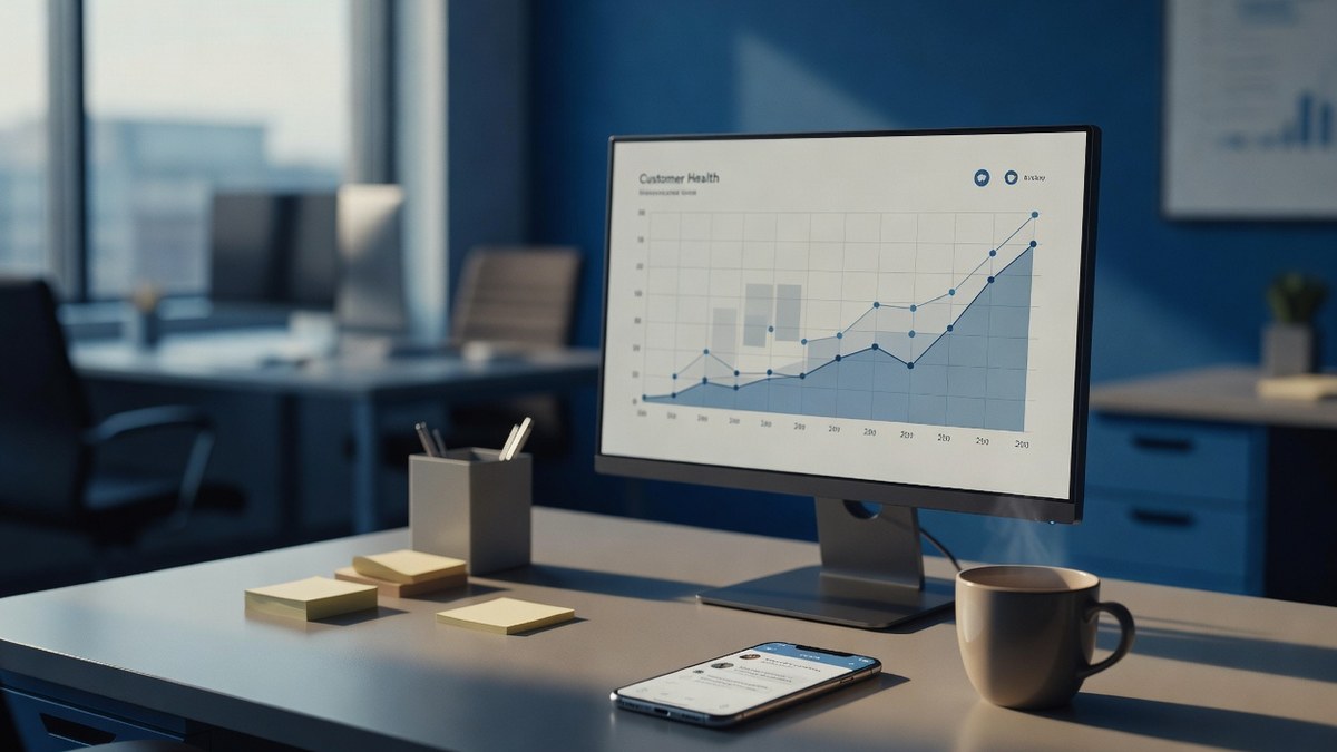 Fotografia editorial de uma mesa de customer success com um monitor exibindo um painel de métricas de saúde do cliente e um gráfico em alta, um celular com uma conversa de suporte, xícara de café e post-its, luz natural suave.