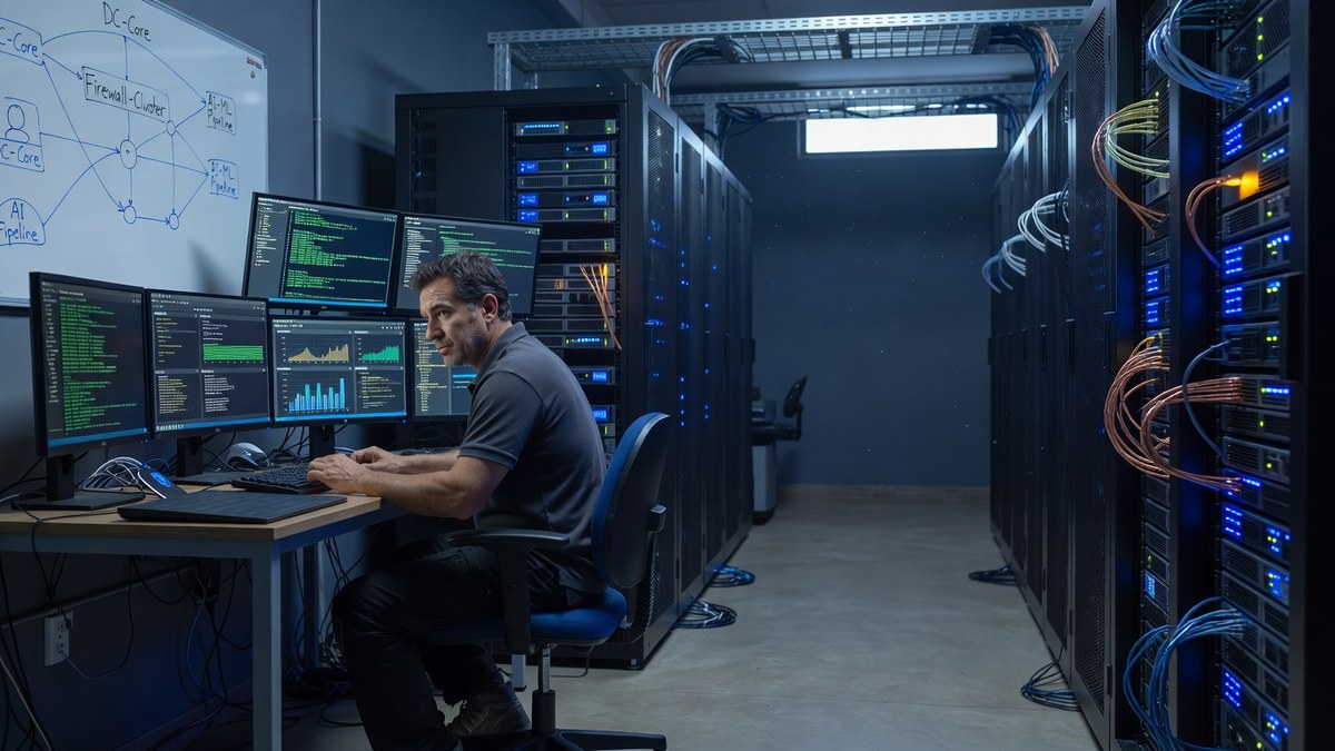 Técnico de infraestrutura em mesa com três monitores exibindo dashboards de rede, firewall e servidores, luz fria de escritório à noite.