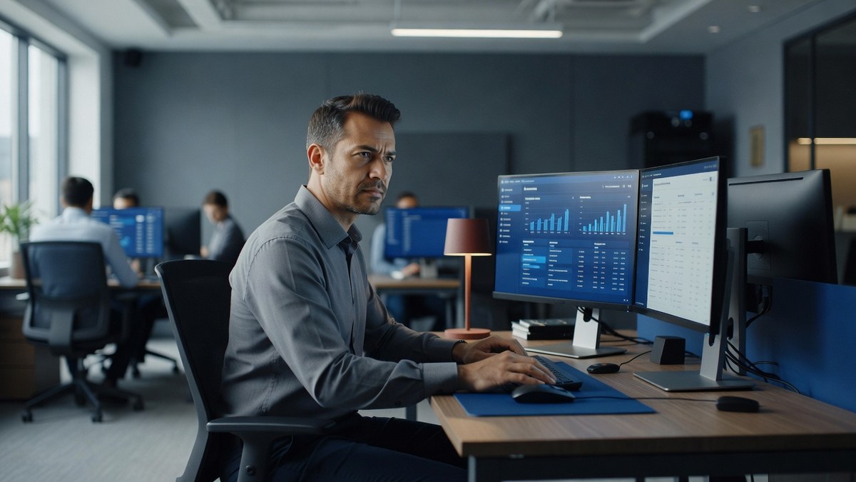 Fotografia editorial de um profissional de customer success em ângulo de três quartos, trabalhando em uma estação com dois monitores exibindo dashboards e uma fila de atendimento, escritório B2B com luz natural.