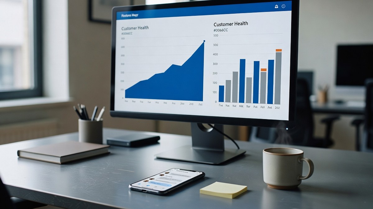 Fotografia editorial de uma mesa de customer success com um monitor exibindo um painel de métricas de saúde do cliente e um gráfico em alta, um celular com uma conversa de suporte, xícara de café e post-its, luz natural suave.