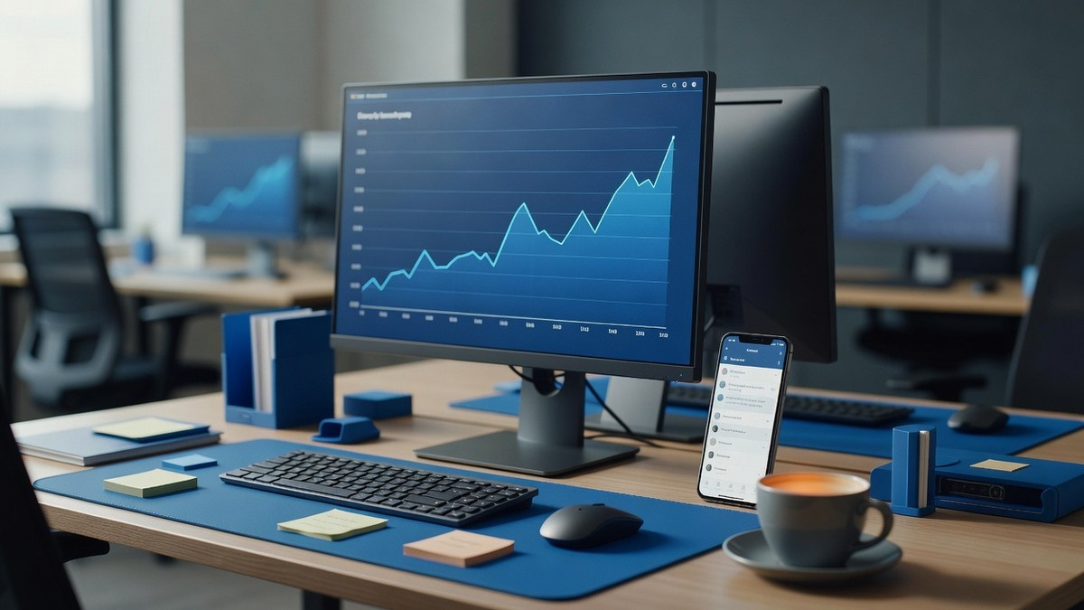 Fotografia editorial de uma mesa de customer success com um monitor exibindo um painel de métricas de saúde do cliente e um gráfico em alta, um celular com uma conversa de suporte, xícara de café e post-its, luz natural suave.