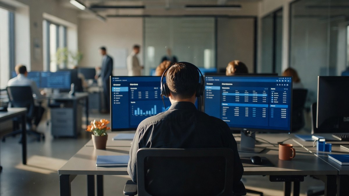 Fotografia editorial de uma especialista de customer success vista de costas, com headset, diante de dois monitores com painel de CRM, em um escritório moderno com luz natural da manhã.