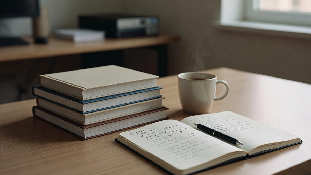 Fotografia editorial de uma mesa de madeira com três livros de capa dura empilhados ao lado de uma xícara de café e um caderno aberto com anotações, luz natural de manhã entrando pela janela, estilo documental 35mm.