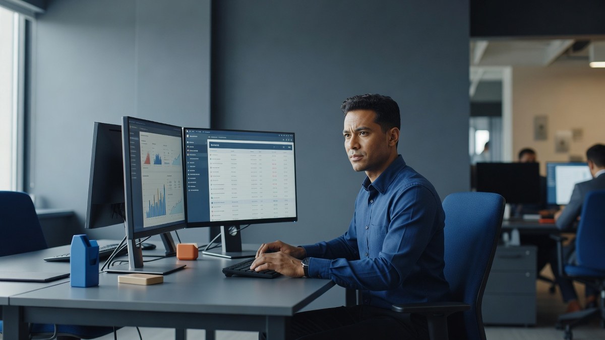 Fotografia editorial de um profissional de customer success em ângulo de três quartos, trabalhando em uma estação com dois monitores exibindo dashboards e uma fila de atendimento, escritório B2B com luz natural.